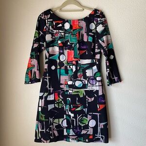 MILLY Abstract Multicolor Midi Shift Dress, Size 8, 3/4 Sleeves, Colorful, EUC